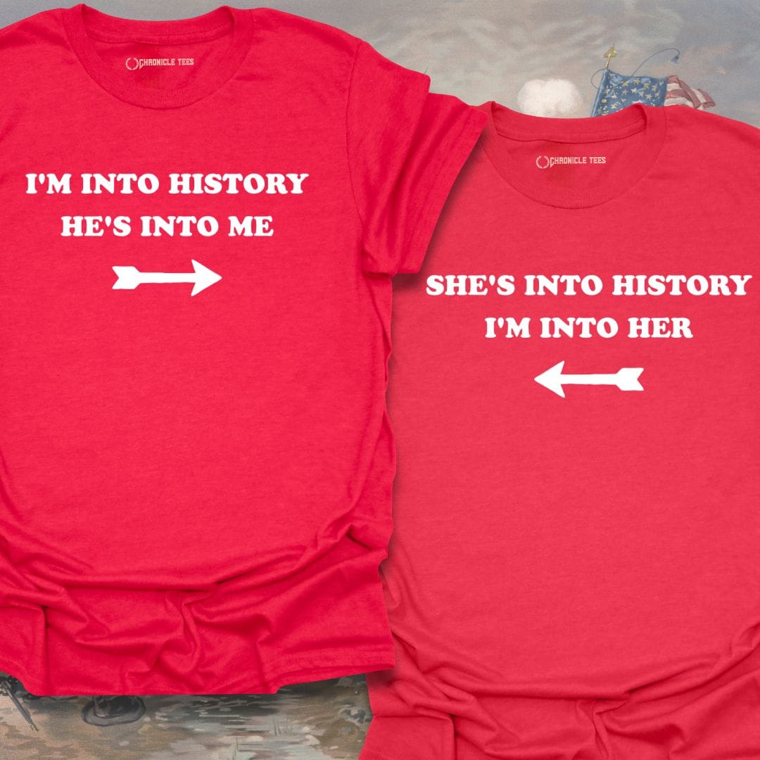 She Loves History. Matching Couple Tees in Heather Red